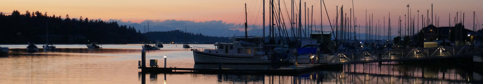 Fishing vessels docked at sunset.